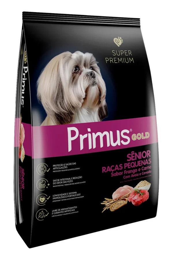 Ração Primus Gold Super Premium Sabor Frango e Carne com Aveia e Cevada para Cães Sênior de Raças Pequenas - 3kg